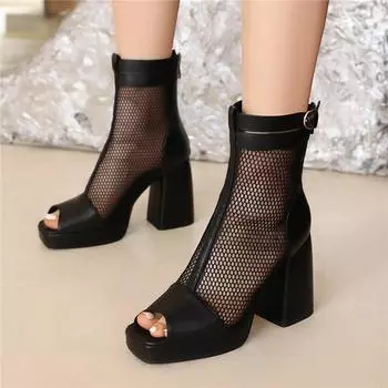 Женские сандалии с открытой сеткой и квадратным носком на высоком толстом каблуке с пряжкой и молнией на платформе, пикантные удобные ботинки, женская обувь, лето 46 33 чёрный