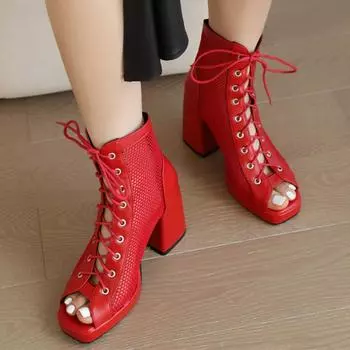 Женские сандалии с открытой сеткой на толстом высоком каблуке и платформе со шнуровкой, пикантные удобные ботинки для джазовых танцев, женская обувь, лето 46 33 бежевый