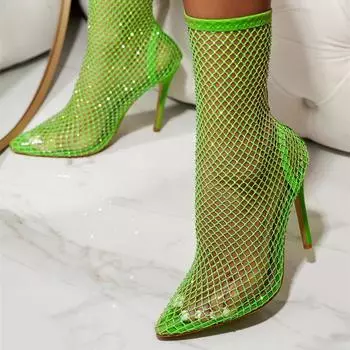 Женские сандалии с открытой сеткой, пикантные ботинки с острым носком на тонком высоком каблуке и кристаллами, женская модная обувь, летняя, желто-зеленая, 42 35 зелёный