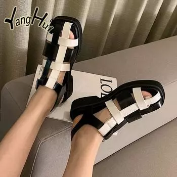 Женские сандалии с плетением и цветовым сочетанием в британском стиле 2024 года, новые модные простые туфли с толстой подошвой для женщин на лето 35 жёлтый