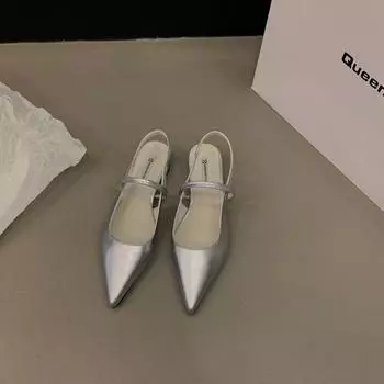 Женские сандалии с плоским черным носком Новая весенне-летняя обувь Мэри Джейн с острым серебристым носком Каблуки Женские 35