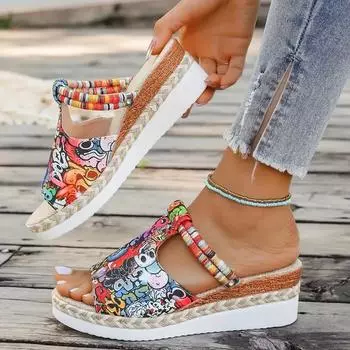 Женские сандалии с принтом черепа, цветные плетеные шлепанцы на платформе для отдыха на море, пляжные шлепанцы на танкетке для Хэллоуина 36
