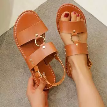 Женские сандалии с пряжками в одну линию, весна 2024 года, новые сандалии размера 43, женские пляжные сандалии с круглым носком на плоской подошве 36 чёрный