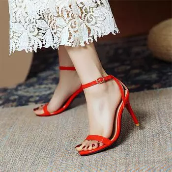 Женские сандалии с ремешком на щиколотке, круглый носок, тонкий высокий каблук с пряжкой, сексуальный дизайн, женская модная обувь для вечеринок, летняя абрикосово-красная обувь 46 33 миндальный