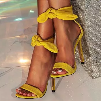 Женские сандалии с ремешком на щиколотке, сексуальный брендовый дизайн, женская модная обувь для вечеринок, летняя желтая обувь на толстом высоком каблуке с круглым носком и бантом 36 жёлтый