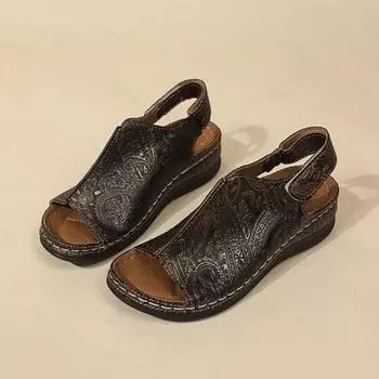 Женские сандалии с рисунком. Большие сандалии на липучке. Сандалии с открытым носком. 36 чёрный