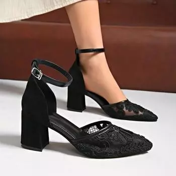 Женские сандалии с закрытым носком, женские туфли на плоской подошве и среднем каблуке, женские туфли на толстом каблуке из натуральной искусственной кожи, полая сетчатая мягкая подошва, туфли для мам 35 чёрный