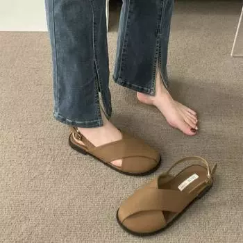 Женские сандалии с завернутым носком, новая летняя корейская версия, повседневная обувь на плоской подошве в римском стиле в французском стиле Mori в стиле феи 40 абрикосовый
