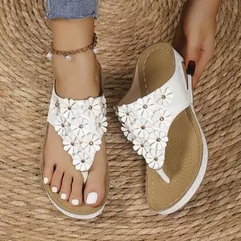 Женские сандалии S, женские летние винтажные пляжные тапочки на танкетке с носком, женские массажные сандалии на платформе с цветочным декором 36 коричневый