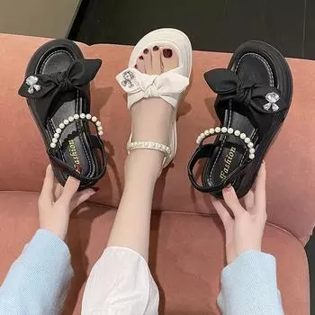 Женские сандалии сандалии на танкетке сандалии на платформе модные римские туфли в стиле феи жемчужные пляжные туфли популярные сандалии для женщин 35 чёрный