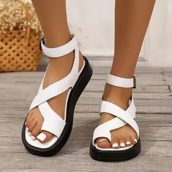 Женские сандалии Сандалии с круглым носком и пряжкой Повседневные сандалии в римском стиле 36 белый