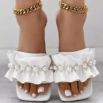 Женские сандалии со сборками из искусственного жемчуга, нескользящие однотонные шлепанцы без шнуровки с квадратным носком, летняя универсальная пляжная обувь 36 белый