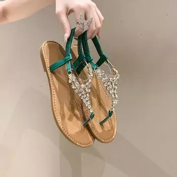 Женские сандалии со стразами и ремешком на щиколотке. Летняя обувь на плоской подошве. Повседневные нарядные сандалии для женщин. Нескользящие богемные пляжные сандалии. Шикарные шлепанцы. 36 зелёный