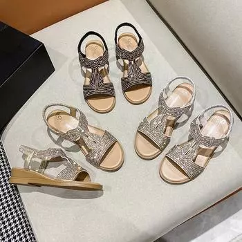 Женские сандалии со стразами на плоской подошве, летние новые удобные римские сандалии с открытым носком, пляжная обувь, легкие ретро-сандалии 35 золотой