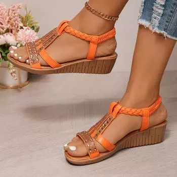 Женские сандалии со стразами, удобная обувь на платформе с мягкой подошвой без шнуровки, летние пляжные туфли на танкетке для отпуска 43 чёрный