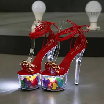 Женские сандалии со светодиодной подсветкой, лаковые кожаные сандалии на прозрачном каблуке, тонкие сексуальные светящиеся технические сандалии на высоком каблуке 17 см, LFD-181-51 35 белый