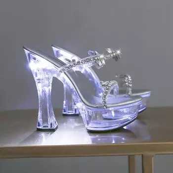 Женские сандалии со светодиодной подсветкой, прозрачный каблук, светящиеся бриллианты, туфли на высоком каблуке для ночного клуба, толстый каблук, модель автомобиля LFD-10365-98A 35 чистый
