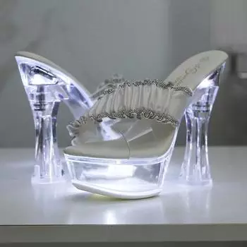 Женские сандалии со светодиодной подсветкой, толстые блестящие тапочки на прозрачном каблуке, прогулочные туфли, стальные трубы для танцев, кристаллы LFD-10365-A31 34 белый