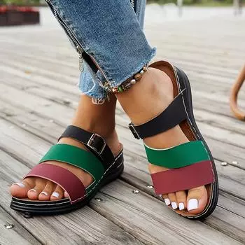 Женские сандалии-тапочки контрастного цвета - модная летняя пляжная обувь, толстая подошва, дизайн без застежки, сандалии с регулируемым ремешком и пряжкой 36 чёрный