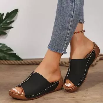 Женские сандалии, тапочки с открытым носком, уличные туфли на танкетке, удобные шлепанцы, ортопедические сандалии на танкетке с змеиной платформой «рыбий рот» 36 бежевый