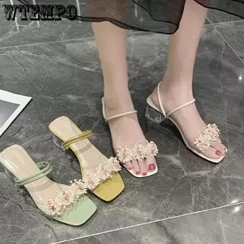 Женские сандалии Two Wear с цветочным узором. Летняя мода. Универсальные прозрачные женские туфли на среднем каблуке. Толстый каблук. Туфли для верхней одежды на грубом каблуке. 35 белый