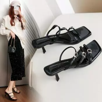 Женские сандалии Удобная обувь для женщин Большие размеры Высокий каблук Пряжка Ремешок Квадратный носок Универсальные девушки Сексуальные Большие Низкие Высокий каблук 35