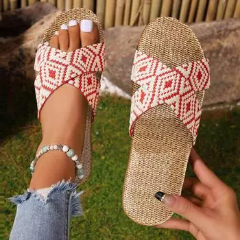 Женские сандалии в продаже, пара, ретро, цветной, блокирующий, принт, пляжная, домашняя, хлопковая, льняная, большого размера, не обувь для женщин 36