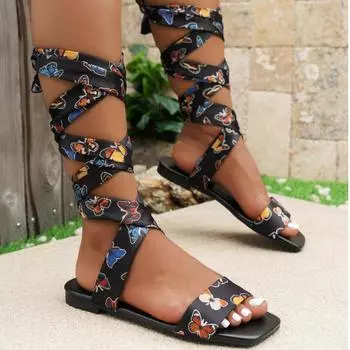 Женские сандалии в римском стиле с принтом случайные туфли на плоской подошве повседневная женская обувь 2024 года новые тапочки осенняя мода удобные женские шлепанцы 36 чёрный