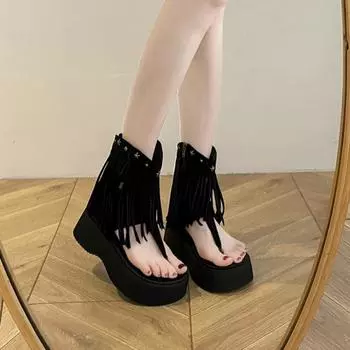 Женские сандалии в стиле ретро с бахромой, летние туфли на плоской подошве в стиле бохо, пляжная обувь на шнуровке, Sandalias Mujer 35 чёрный