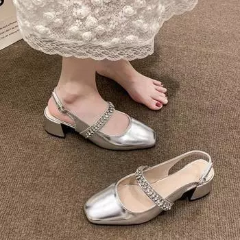 Женские сандалии весна-лето новые стразы ретро элегантные модные универсальные пряжки ремень квадратный каблук однотонные простые туфли 35 серебряный