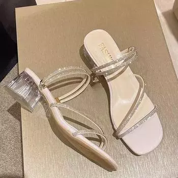 Женские сандалии во французском стиле на толстом каблуке со стразами, новинка 2024 года, летние классные тапочки в сказочном стиле 36 чёрный