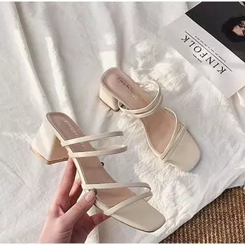 Женские сандалии, женские элегантные летние шлепанцы на квадратном каблуке, кожаные женские шлепанцы с перекрестной завязкой, модные женские сандалии 2024 года 34 бежевый