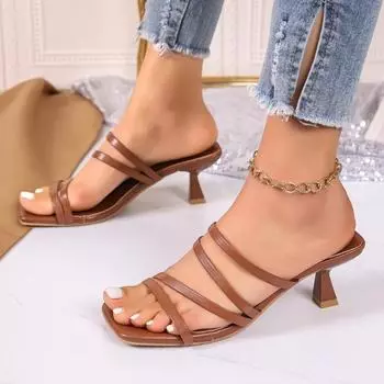 Женские сандалии, женские элегантные летние шлепанцы на квадратном каблуке, кожаные женские шлепанцы с перекрестной завязкой, модные женские сандалии 2024 года 35 коричневый