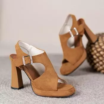 Женские сандалии, женские босоножки на высоком каблуке, модные туфли Fish Mouth Hollow Roma 2024, летняя обувь, повседневная обувь с пряжкой на ремне и открытым носком 34 чёрный