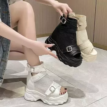 Женские сандалии, женские модные черные сандалии из дышащей сетки, туфли на каблуке 6 см, сандалии на платформе с пряжкой, женские сандалии на молнии 34 белый