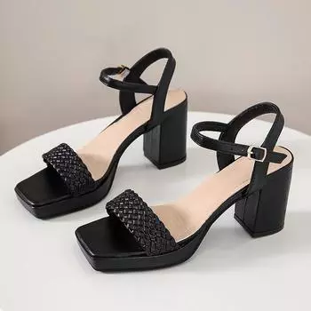 Женские сандалии, женские сандалии из искусственной кожи на квадратном высоком каблуке, новая женская летняя обувь с открытым носком, однотонные мягкие удобные сандалии с пряжкой и ремешком 35 чёрный