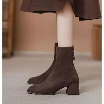 Женские сапоги 2024 года, новые ботильоны с квадратным носком и толстым каблуком, женские замшевые туфли на платформе на осень-зиму для женщин Botas De Mujer 35 чёрный