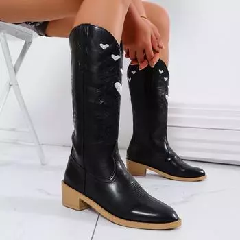 Женские сапоги 2024 года, новые модные сапоги с вышивкой на молнии, толстые каблуки до середины голени, лаконичные блестящие туфли с круглым носком для женщин 36 чёрный