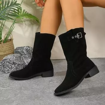 Женские сапоги 2024 года, новые осенне-зимние сапоги из коровьей замши, женские квадратные носки, массивные сапоги до середины голени, женская модная повседневная обувь для активного отдыха 35 чёрный
