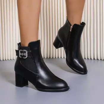 Женские сапоги 2024 года, новые осенние ботинки с круглым носком в стиле ретро, женские модные сексуальные туфли на высоком каблуке для женщин, мягкие ботинки в британском стиле 35 чёрный