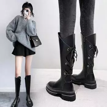 Женские сапоги 2024 года, новые зимние черные женские сапоги до середины икры, модные высокие сапоги с круглым носком, простые универсальные туфли на платформе с перекрестными ремешками 35 чёрный