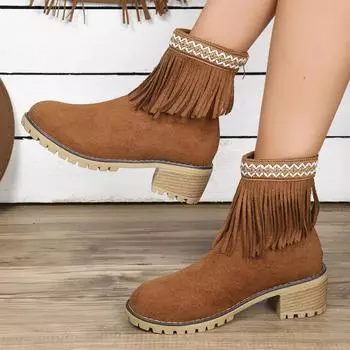 Женские сапоги 2024 года, новые зимние модные туфли на молнии с круглым носком для женщин, замшевые однотонные ботинки на толстом каблуке с кисточками, женские ботинки Botas De Mujer 36 коричневый