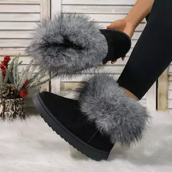 Женские сапоги 2024 года, новые зимние сапоги из искусственного меха, женские теплые короткие плюшевые пушистые модные меховые туфли для женщин Zapatos De Mujer 36 чёрный