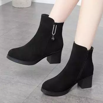 Женские сапоги 2024 года, новые зимние теплые классические сапоги, женские модные теплые ботильоны на среднем каблуке, трендовая удобная обувь для отдыха на открытом воздухе для женщин 36 чёрный