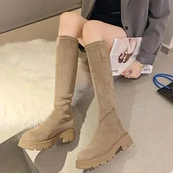 Женские сапоги 2024 года, осень-зима, новые сапоги, эластичные сапоги на платформе с тонким рукавом, женские винтажные высокие сапоги с круглым носком, Botas De Mujer 35