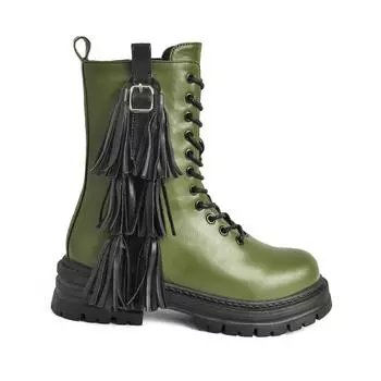 Женские сапоги 2024 года, осенние и зимние сапоги на молнии, женские сапоги на платформе с круглым носком, модные сапоги с бахромой для отдыха 35 чёрный