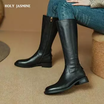 Женские сапоги 2024 года, сапоги до колена из натуральной кожи для женщин, толстые каблуки, осенне-зимняя теплая обувь, женские высокие мотоциклетные сапоги 34 чёрный