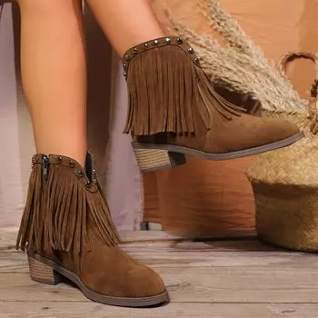 Женские сапоги 2024 года, винтажные коричневые ковбойские сапоги с заклепками и кисточками, женские ковбойские сапоги с острым носком, ботильоны в стиле вестерн, туфли на высоком каблуке 36 коричневый