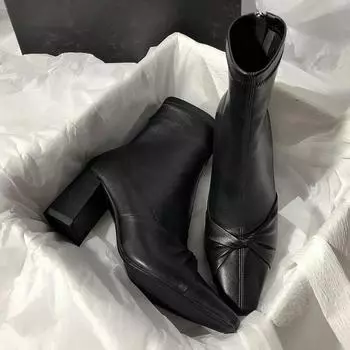 Женские сапоги 2024 года, зимние туфли на очень высоком каблуке, туфли с бантом и острым носком, ретро-ботильоны на толстом каблуке, эластичные короткие Botas De Mujer 35 белый