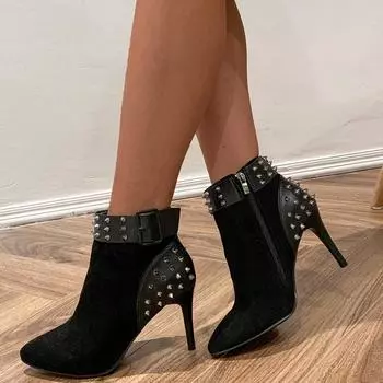 Женские сапоги 2024 Весна Осень Новые сапоги Женские модные туфли с заклепками Ботильоны с острым носком Сексуальные тонкие каблуки Готические сапоги Женские 35 чёрный